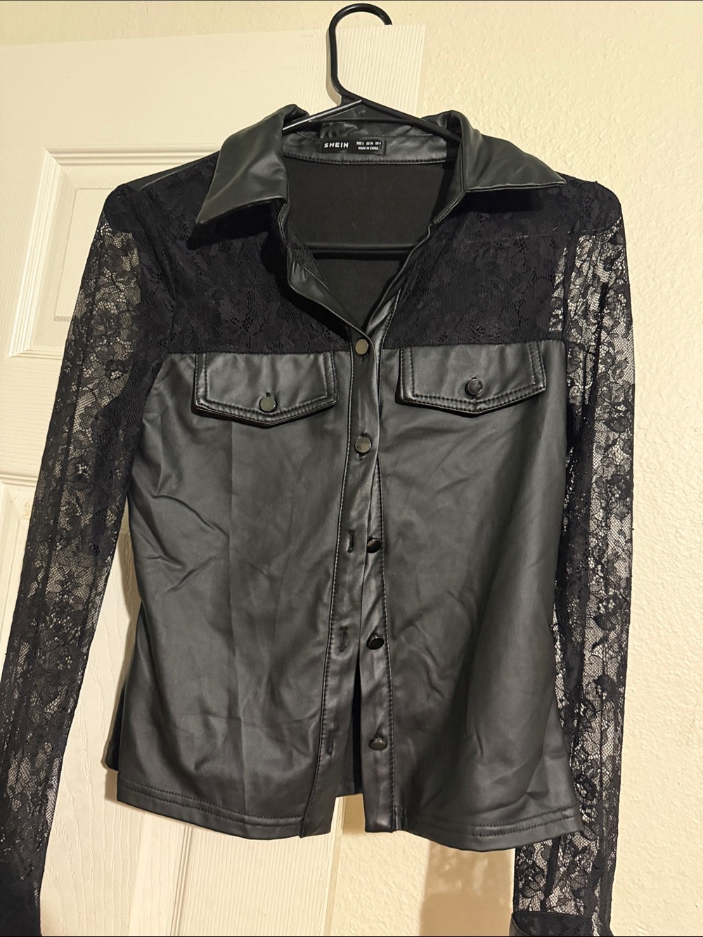 SHEIN Black Faux Leather & Lace Long Sleeve Button-Up Top